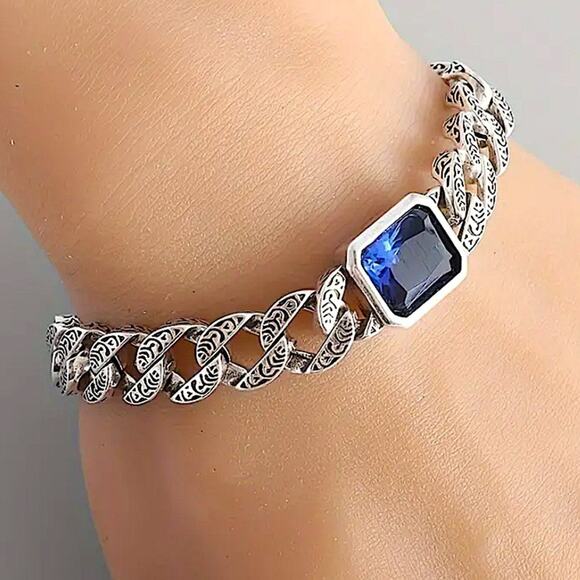 Stainless Steel Sapphire Chain Link Bracelet, Curb Engraved - Picture 3 of 7